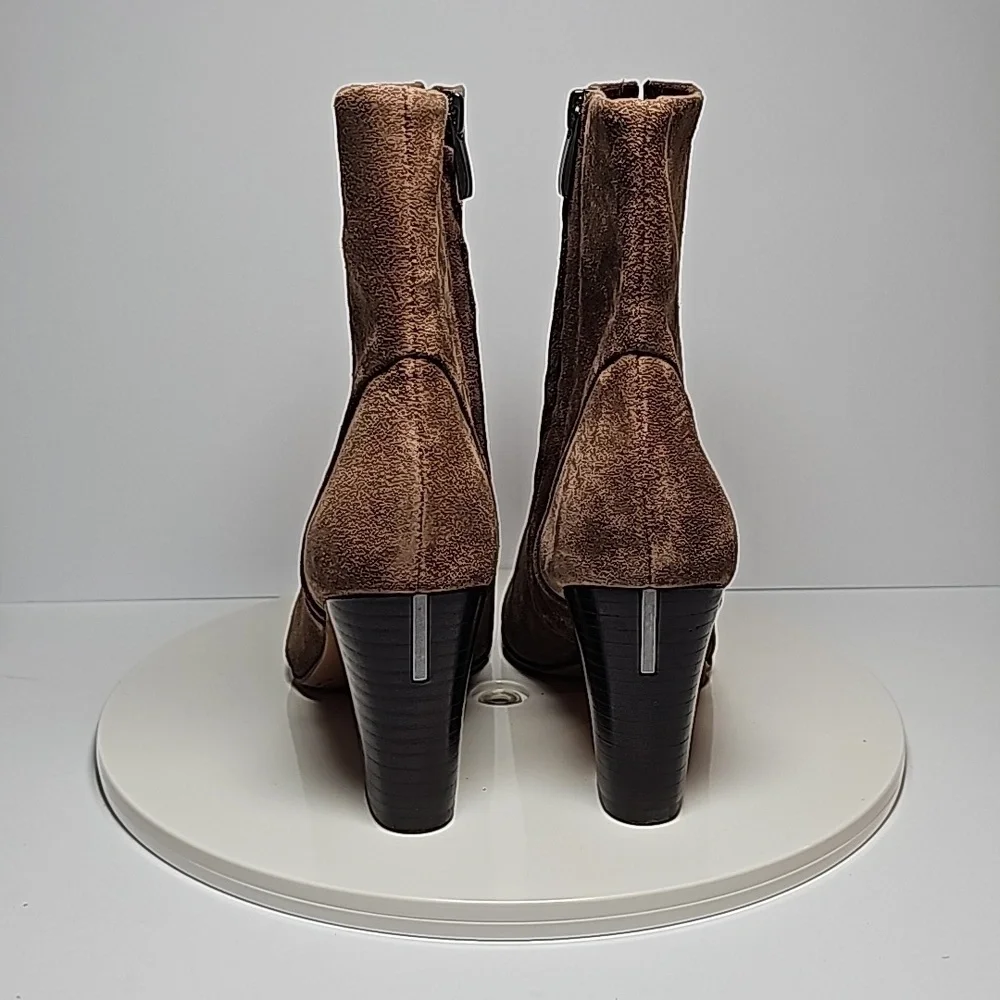 Franco Sarto Pia Suede Ankle Booties Brown 7.5 Side Zip Almond Toe Heeled Boots